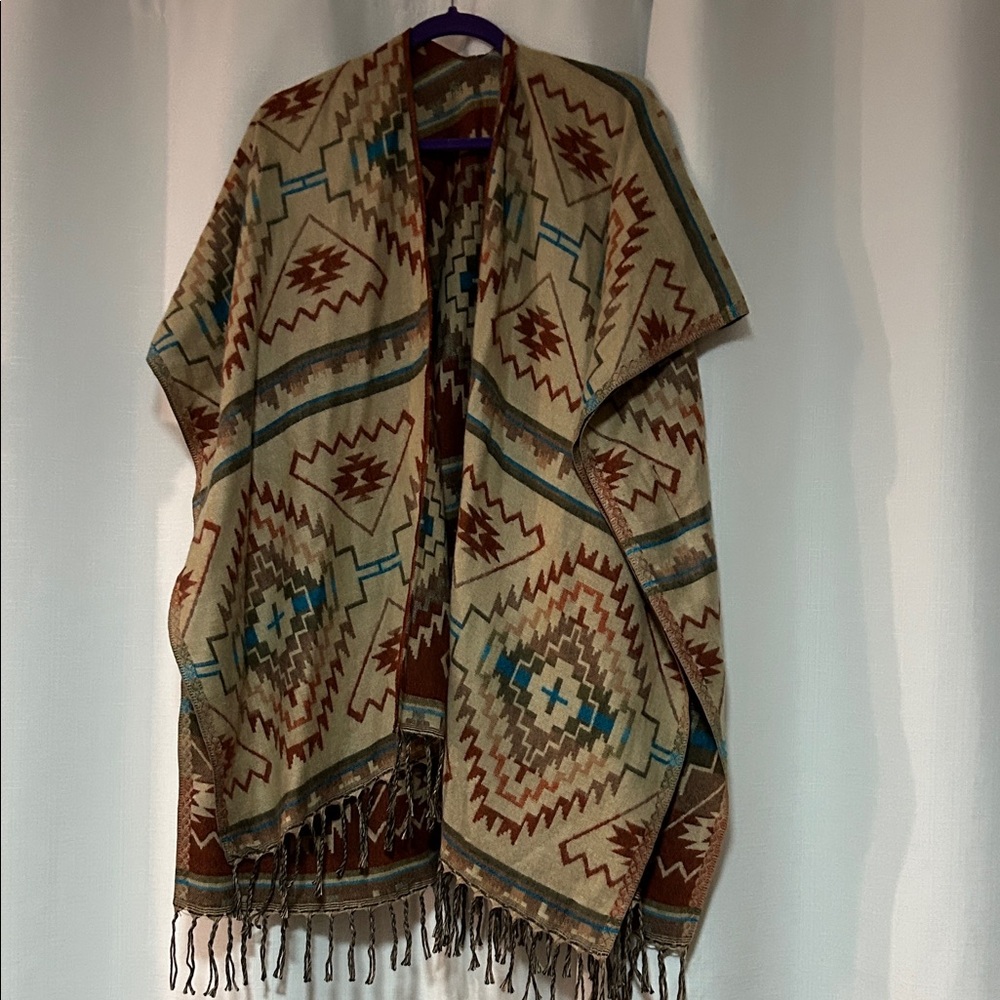 Southwestern Pattern Fringe Shawl Poncho Beige Brown Teal Unisex women Geometric